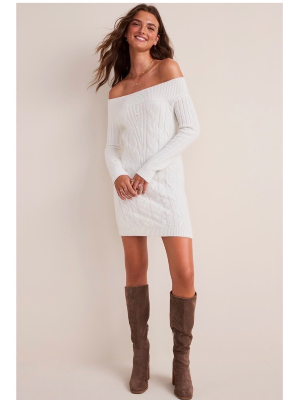 Francesca's White Off the Shoulder Cable Knit Sweater Dress - XL
